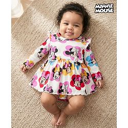 Babyhug Disney Interlock Knit Full Sleeves Frock Style Onesie with Bow Applique & Minnie Mouse Graphics - White