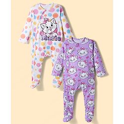 Babyhug Disney Interlock Knit Full Sleeves Footed Sleepsuits with Aristocats Marie Graphics Pack of 2 - Lilac & White