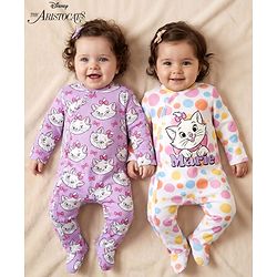 Babyhug Disney Interlock Knit Full Sleeves Footed Sleepsuits with Aristocats Marie Graphics Pack of 2 - Lilac & White