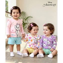 Babyhug Disney Interlock Knit Full Sleeves Jhablas With Aristocats Marie Print Pack Of 3 - Pink Purple & White
