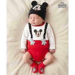 Babyhug Disney Interlock Knit Full Sleeves Mickey Mouse & Family Printed Onesies With Cap & Booties Set  - Red & White