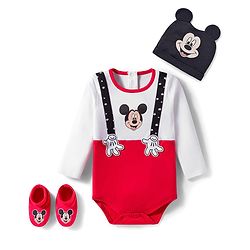 Babyhug Disney Interlock Knit Full Sleeves Mickey Mouse & Family Printed Onesies With Cap & Booties Set  - Red & White