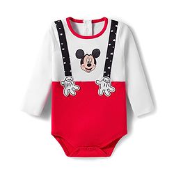 Babyhug Disney Interlock Knit Full Sleeves Mickey Mouse & Family Printed Onesies With Cap & Booties Set  - Red & White