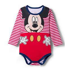 Babyhug Disney Interlock Knit Full Sleeves Striped Onesie with Mickey Mouse Graphic - Multicolor