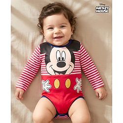 Babyhug Disney Interlock Knit Full Sleeves Striped Onesie with Mickey Mouse Graphic - Multicolor