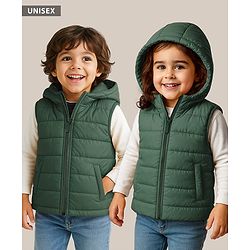 Babyhug Woven Sleeveless Solid Color Padded Hooded Jacket - Olive Green