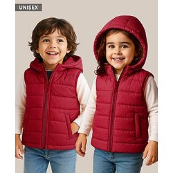 Babyhug Woven Sleeveless Solid Color Padded Hooded Jacket - Olive Green