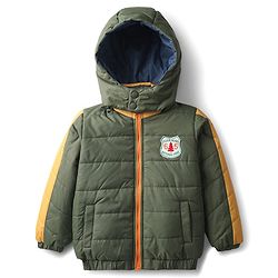 Babyhug Woven Full Sleeves Hooded Padded Jacket With Patch Detailing - Olive Green