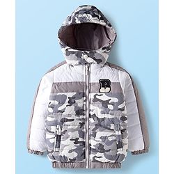 Babyhug Woven Full Sleeves Hooded Padded Jacket With Camouflage Print - White & Grey