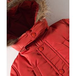 Babyhug Woven Full Sleeves Solid Color Puffer Jacket with Detachable Hood - Rust Orange