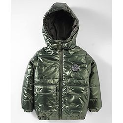 Babyhug Woven Full Sleeves Padded Jacket With Detachable Hood & Front Pockets - Green