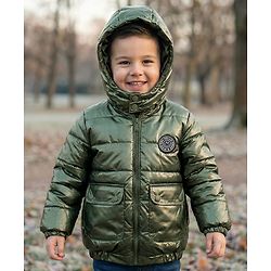 Babyhug Woven Full Sleeves Padded Jacket With Detachable Hood & Front Pockets - Green