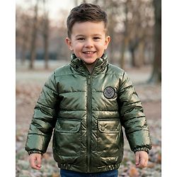 Babyhug Woven Full Sleeves Padded Jacket With Detachable Hood & Front Pockets - Green