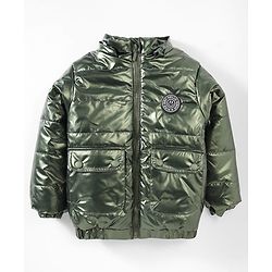 Babyhug Woven Full Sleeves Padded Jacket With Detachable Hood & Front Pockets - Green