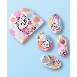 Babyhug Disney Interlock Knit Cap Mittens and Booties Set with Aristocats Marie Graphics White - 9 cm Diameter