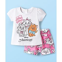 Babyhug Disney Single Jersey Knit Half Sleeves Shorts Night Suit with Aristocats Marie Graphics - Pink & White
