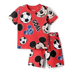 Babyhug Disney Single Jersey Knit Half Sleeves Co-ords Shorts Night Suit with Mickey Mouse Graphics - Red
