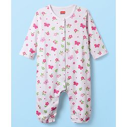 Babyhug 100% Cotton Interlock Knit Full Length Romper with Floral Print Pack of 2 - White & Purple