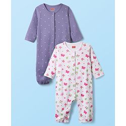Babyhug 100% Cotton Interlock Knit Full Length Romper with Floral Print Pack of 2 - White & Purple