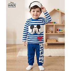 Babyhug Disney Single Jersey Knit Full Sleeves Night Suit With Mickey Mouse Graphics - Navy Blue