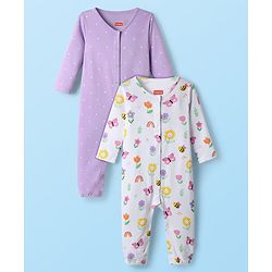 Babyhug 100% Cotton Interlock Knit Full Sleeves Rompers With Polka Dots & Floral Print Pack Of 2 - Purple & White
