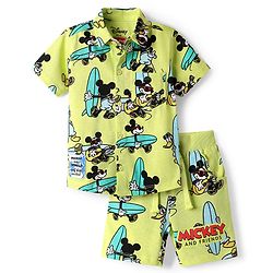 Babyhug Disney Single Jersey Knit Half Sleeves Co-ords Shirt & Shorts Set with Mickey Mouse Graphics - Limegreen