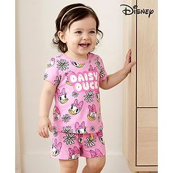 Babyhug Disney Single Jersey Knit Half Sleeves Co-ords Shorts Night Suit with Daisy Duck Graphics - Pink
