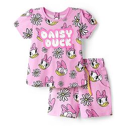 Babyhug Disney Single Jersey Knit Half Sleeves Co-ords Shorts Night Suit with Daisy Duck Graphics - Pink