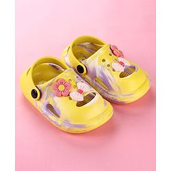 Cute Walk by Babyhug Clogs with Floral Applique & Back Strap - Purple & Yellow