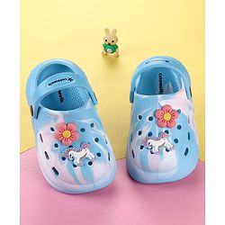 Cute Walk by Babyhug Clogs with Floral & Unicorn Applique & Back Strap - Blue