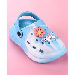 Cute Walk by Babyhug Clogs with Floral & Unicorn Applique & Back Strap - Blue