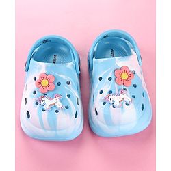 Cute Walk by Babyhug Clogs with Floral & Unicorn Applique & Back Strap - Blue