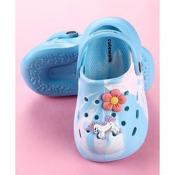 Cute Walk by Babyhug Clogs with Floral & Unicorn Applique & Back Strap - Blue