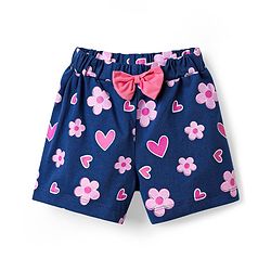 Babyhug Cotton Knit Half Sleeves Shorts Night Suit with Bunny Hearts & Floral Print - White & Navy Blue