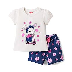 Babyhug Cotton Knit Half Sleeves Shorts Night Suit with Bunny Hearts & Floral Print - White & Navy Blue