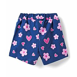 Babyhug Cotton Knit Half Sleeves Shorts Night Suit with Bunny Hearts & Floral Print - White & Navy Blue