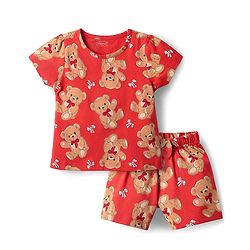 Babyhug Cotton Knit Half Sleeves Co-ords Shorts Night Suit with Bear Print - Red