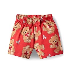 Babyhug Cotton Knit Half Sleeves Co-ords Shorts Night Suit with Bear Print - Red