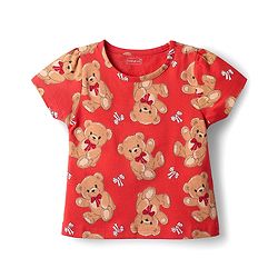Babyhug Cotton Knit Half Sleeves Co-ords Shorts Night Suit with Bear Print - Red