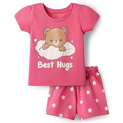 Babyhug Cotton Knit Half Sleeves Shorts Night Suit with Bear & Star Print - Pink