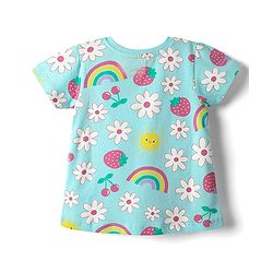 Babyhug Cotton Knit Half Sleeves Co-ords Shorts Night Suit with Tropical Theme Print & Bow Applique - Light Blue