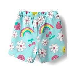 Babyhug Cotton Knit Half Sleeves Co-ords Shorts Night Suit with Tropical Theme Print & Bow Applique - Light Blue