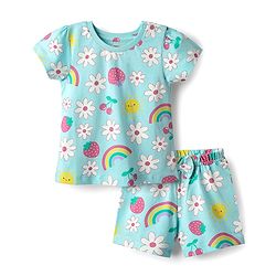 Babyhug Cotton Knit Half Sleeves Co-ords Shorts Night Suit with Tropical Theme Print & Bow Applique - Light Blue
