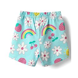 Babyhug Cotton Knit Half Sleeves Co-ords Shorts Night Suit with Tropical Theme Print & Bow Applique - Light Blue