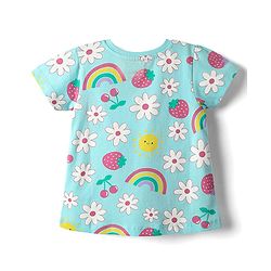 Babyhug Cotton Knit Half Sleeves Co-ords Shorts Night Suit with Tropical Theme Print & Bow Applique - Light Blue