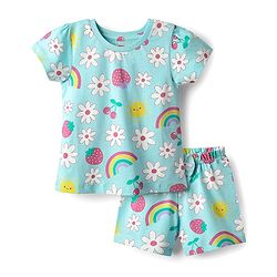 Babyhug Cotton Knit Half Sleeves Co-ords Shorts Night Suit with Tropical Theme Print & Bow Applique - Light Blue