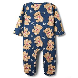 Babyhug Cotton Knit Full Sleeves Footed Sleep Suit with Bear Print - Navy Blue