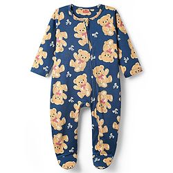 Babyhug Cotton Knit Full Sleeves Footed Sleep Suit with Bear Print - Navy Blue