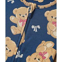 Babyhug Cotton Knit Full Sleeves Footed Sleep Suit with Bear Print - Navy Blue