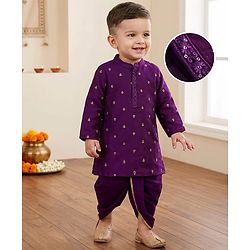 Babyhug Woven Full Sleeves Kurta & Dhoti Set with Floral Embroidery - Purple